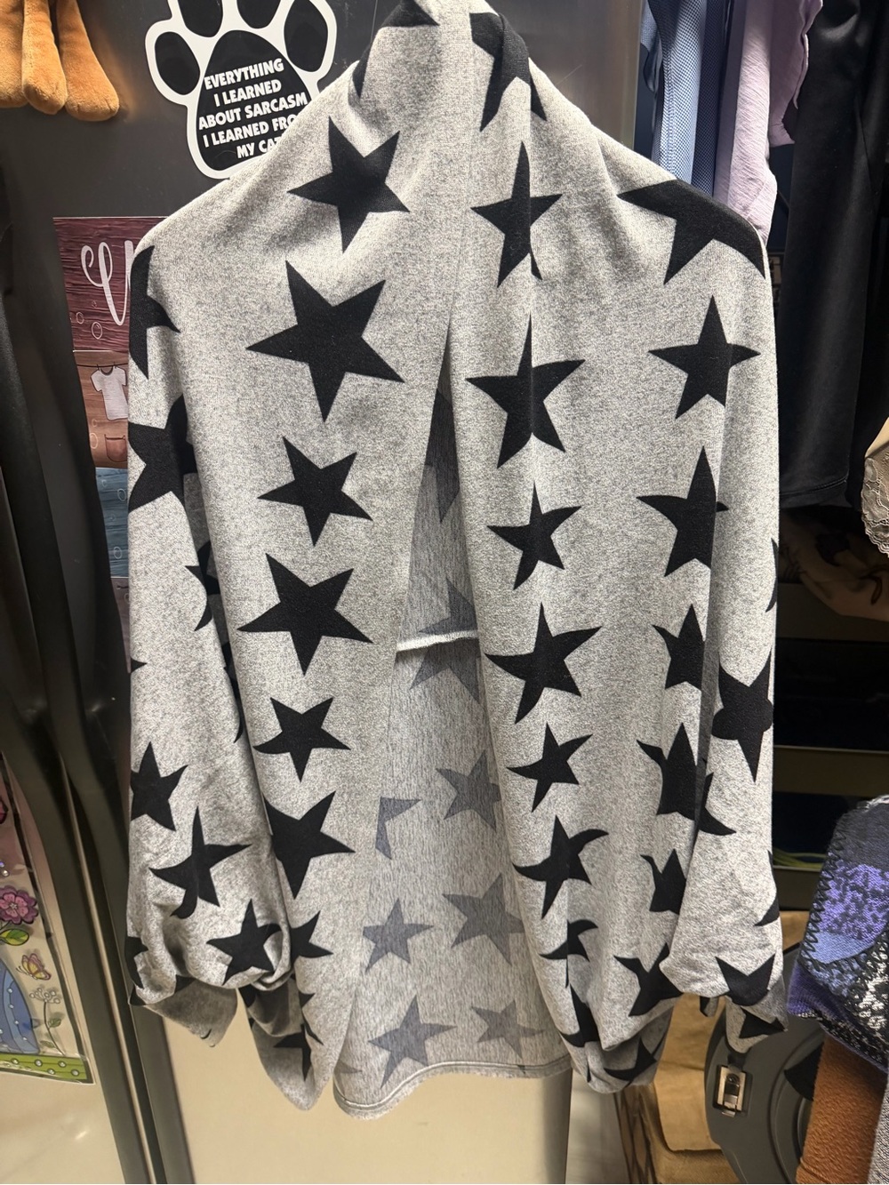 Grey with Black Star Print Open Front Women's Sweater with sleeves